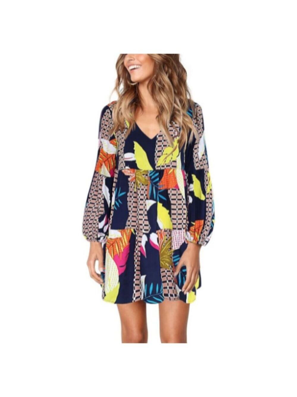 **Cosonsen** Women's Printed Swing Shift Dress Long Sleeve V Neck Tunic Dress XL